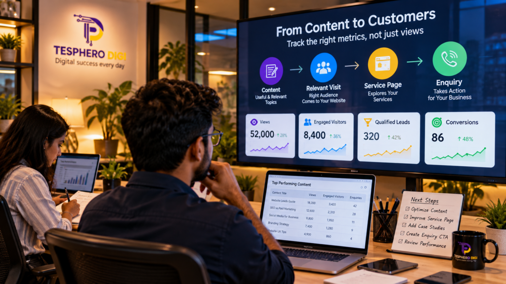 Tesphero Digi strategist measuring how content attracts customers through relevant visits, service page engagement, enquiries and conversions