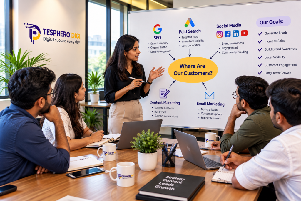 Tesphero Digi team identifying the right digital marketing channels including SEO, paid search, social media, content and email marketing
