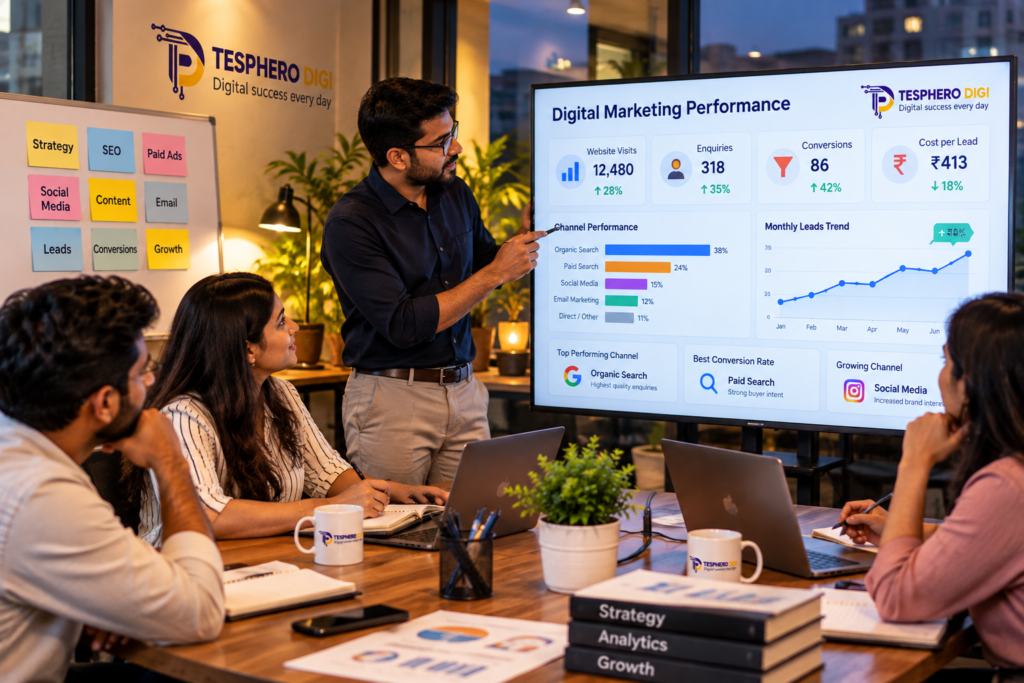 Tesphero Digi team reviewing digital marketing channel performance using website visits, enquiries, conversions and cost per lead