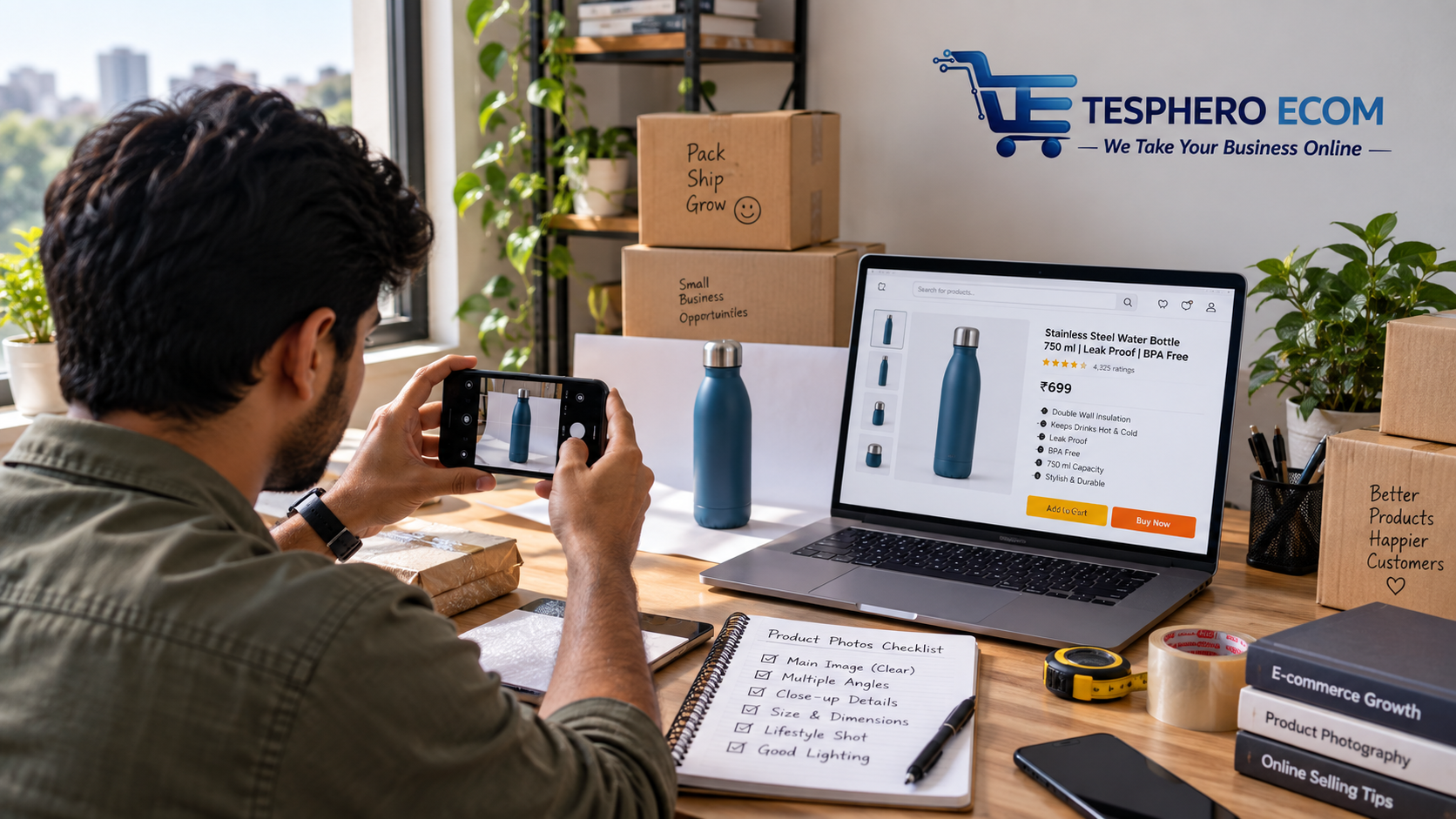 Indian e-commerce seller photographing a product for an online marketplace.