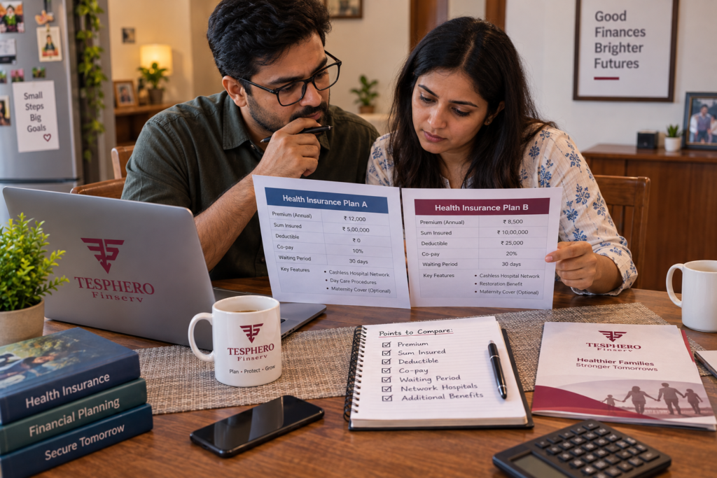 Indian couple comparing health insurance plans including deductible and premium details