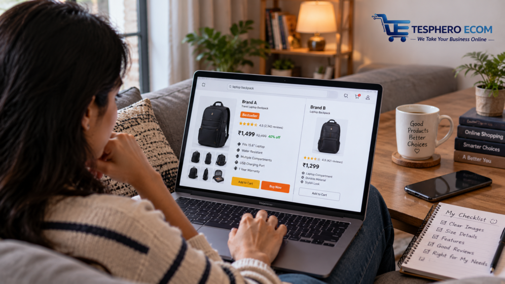 Online shopper comparing product images and descriptions before making a purchase.
