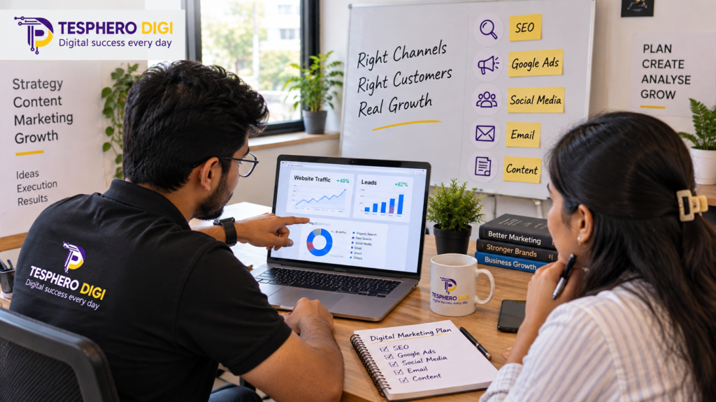 Business owner choosing the right digital marketing channels with a marketing professional.
