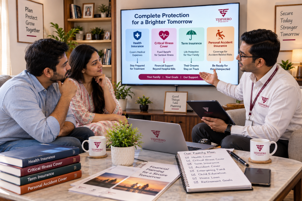 Tesphero Finserv advisor explaining health critical illness and family insurance protection