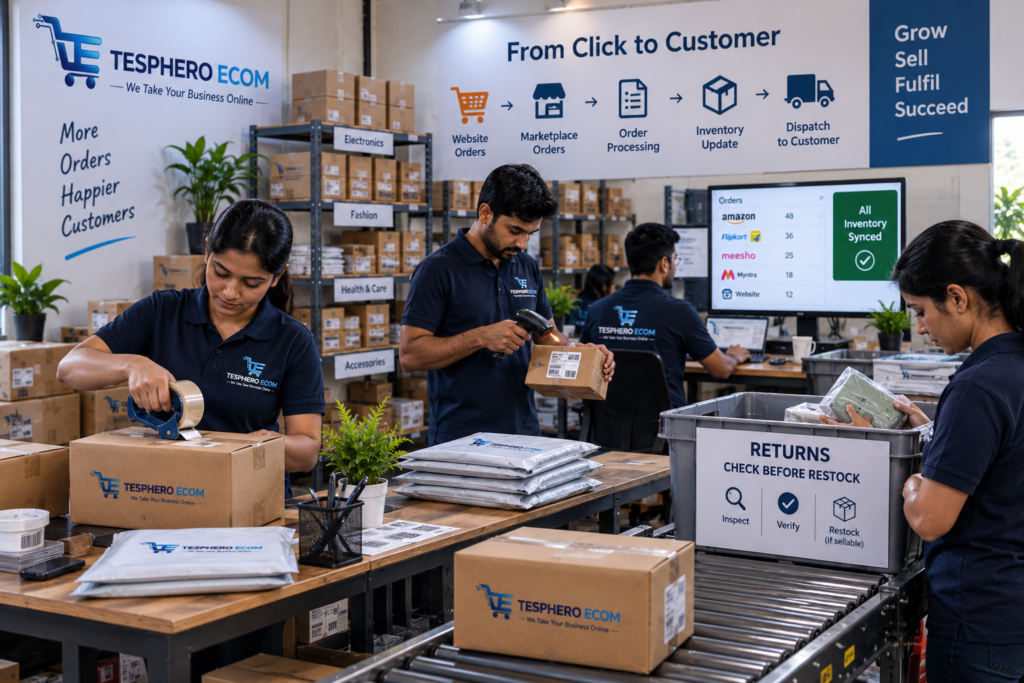 Indian e-commerce team managing marketplace website inventory orders and returns
