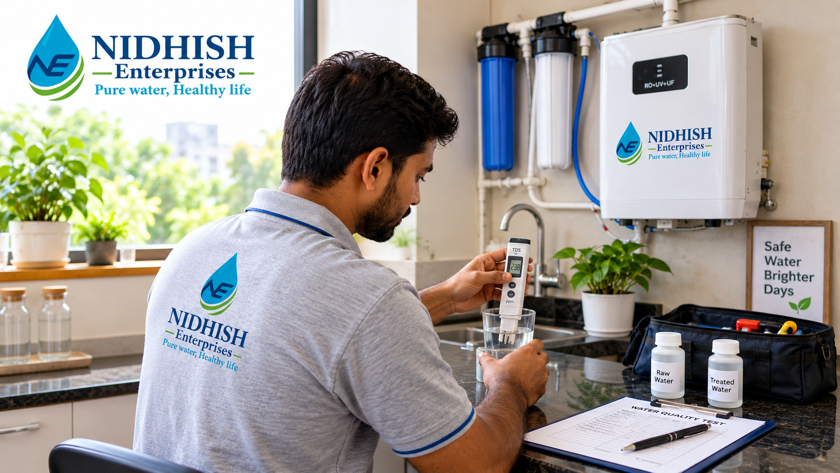 Technician testing water before choosing RO UV or UF water purification.