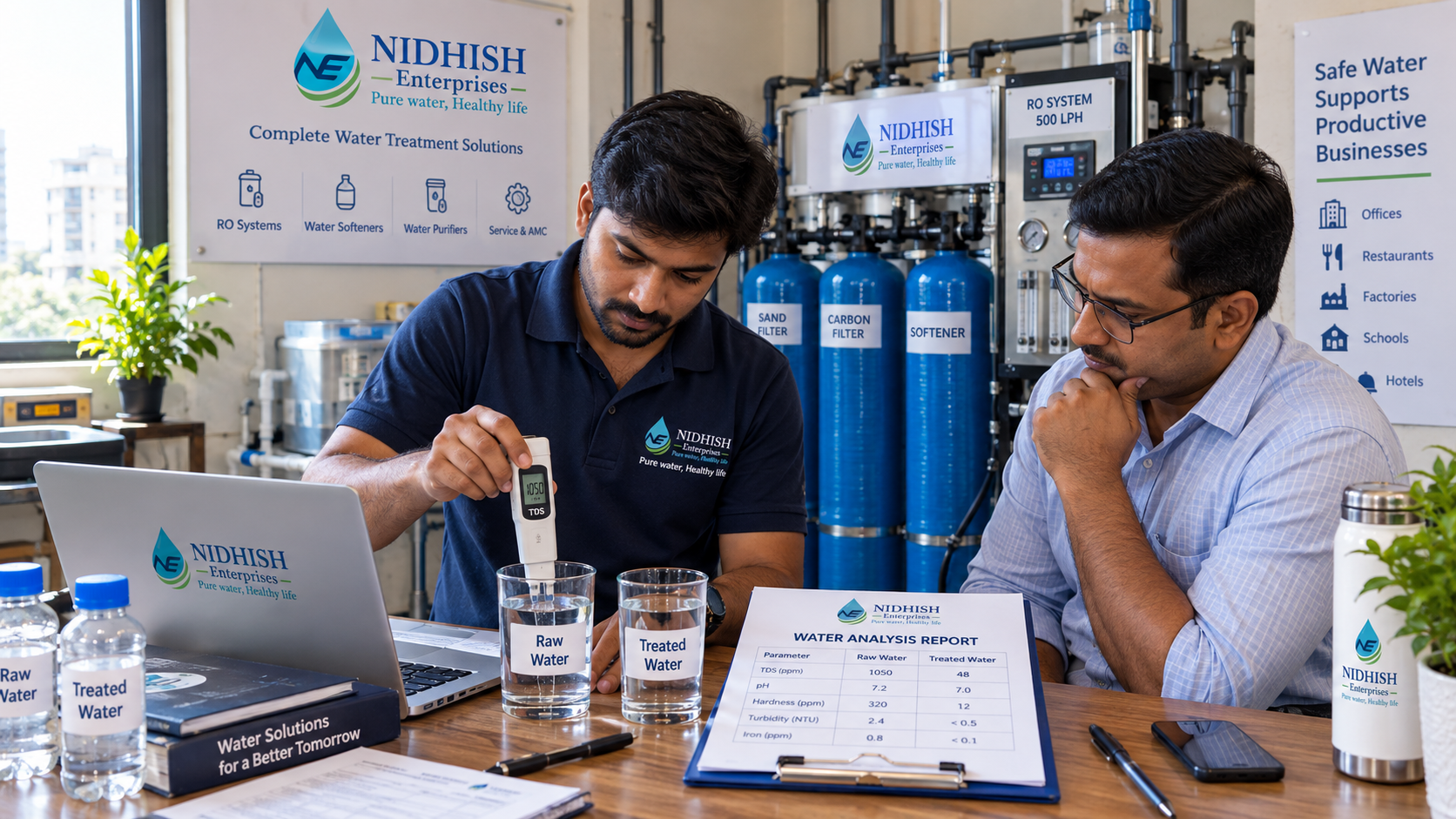 Nidhish technician testing water before selecting a commercial RO system