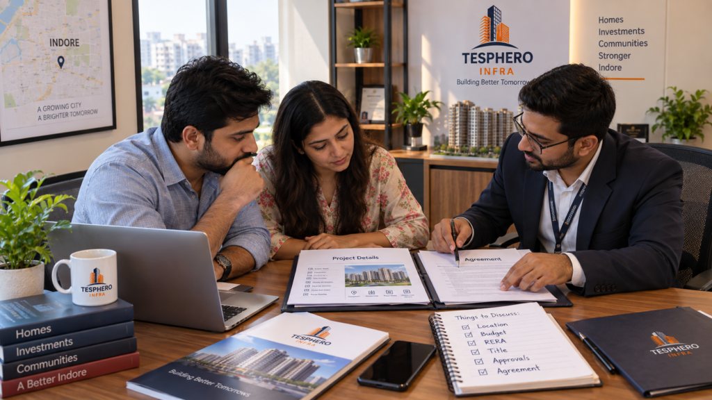 Indore property buyers discussing documents and requirements with Tesphero Infra property consultant