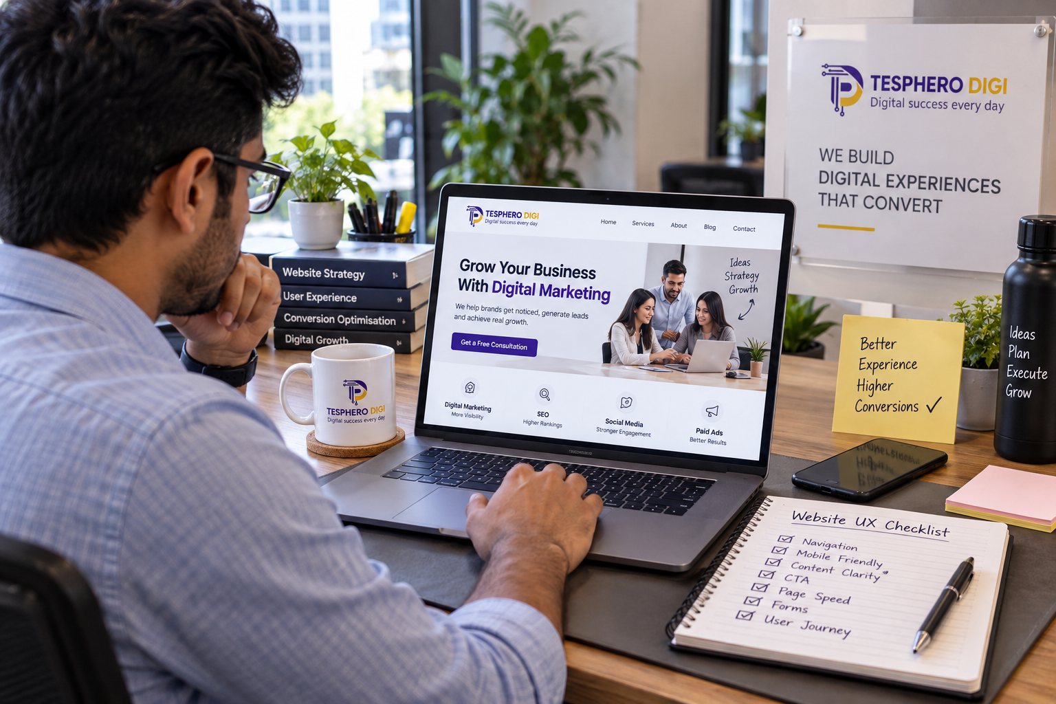 Business professional reviewing website UX and user experience