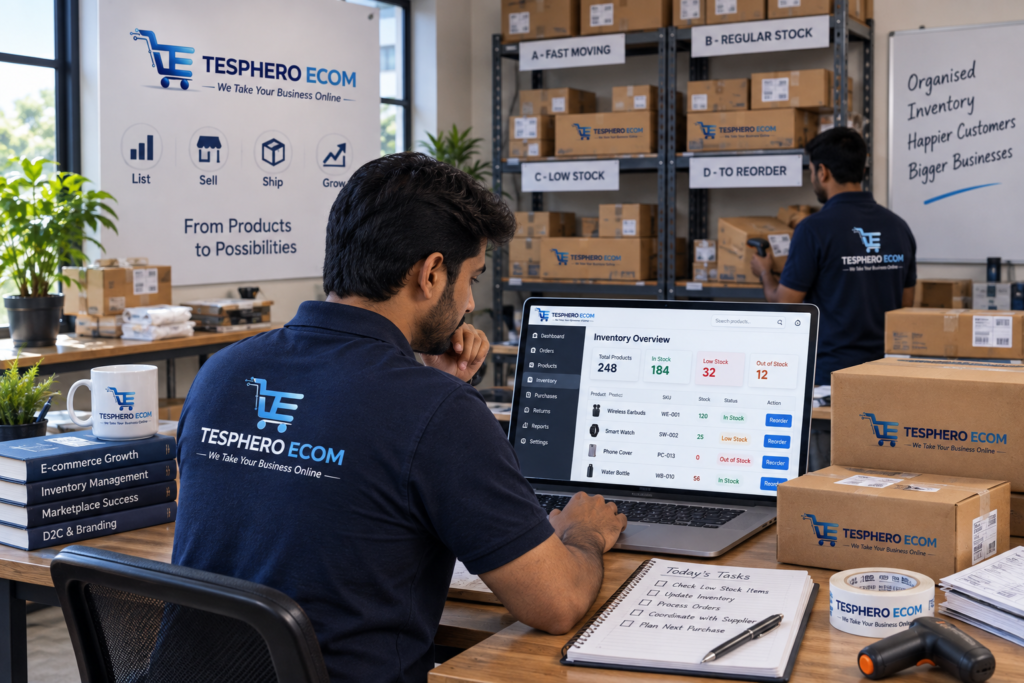 Indian e-commerce seller managing inventory and stock levels for a growing online business