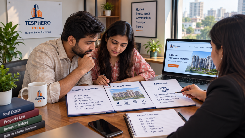 Indian property buyers reviewing property documents and project details before buying in Indore