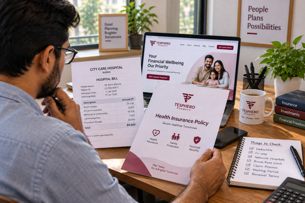 Indian professional reviewing health insurance deductible and hospital bill at home desk
