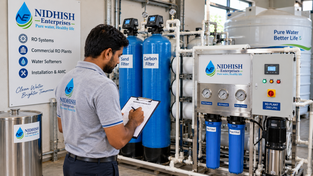 Commercial water purification system being inspected by a technician.
