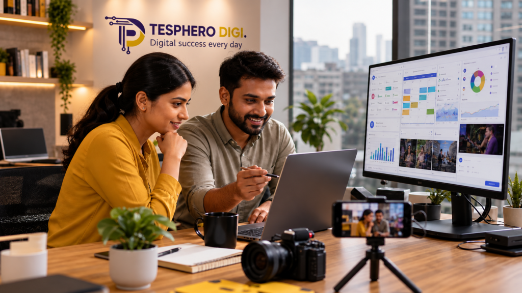 Tesphero Digi specialist reviewing landing page optimization and website lead generation with a business owner