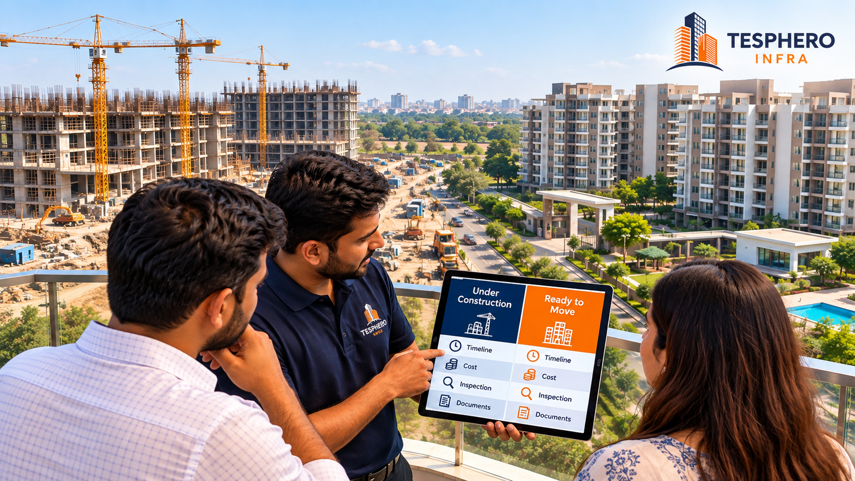 Tesphero Infra representative comparing under-construction vs ready-to-move property based on timeline, cost, inspection and documents