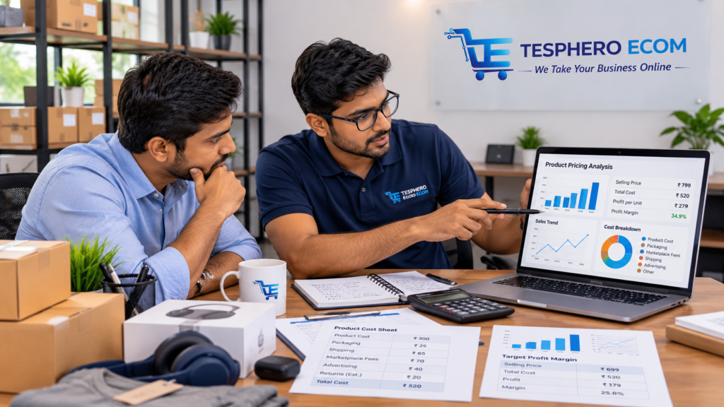 Tesphero Ecom advisor helping an online seller calculate product pricing and profit margins