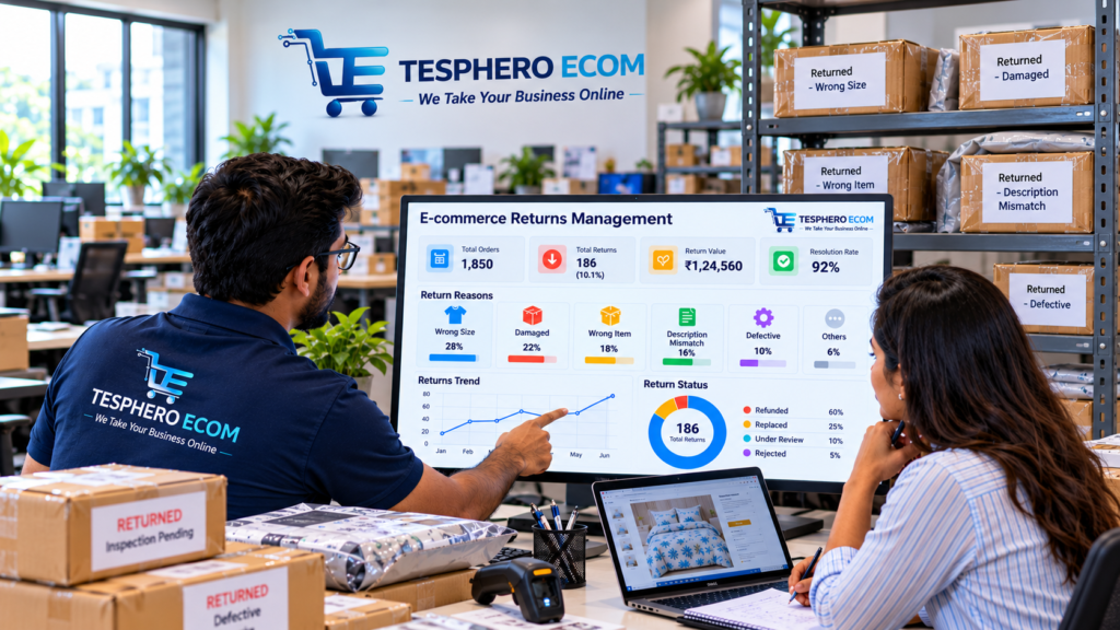 Tesphero Ecom team reviewing an e-commerce returns management dashboard with return reasons, trends and returned products