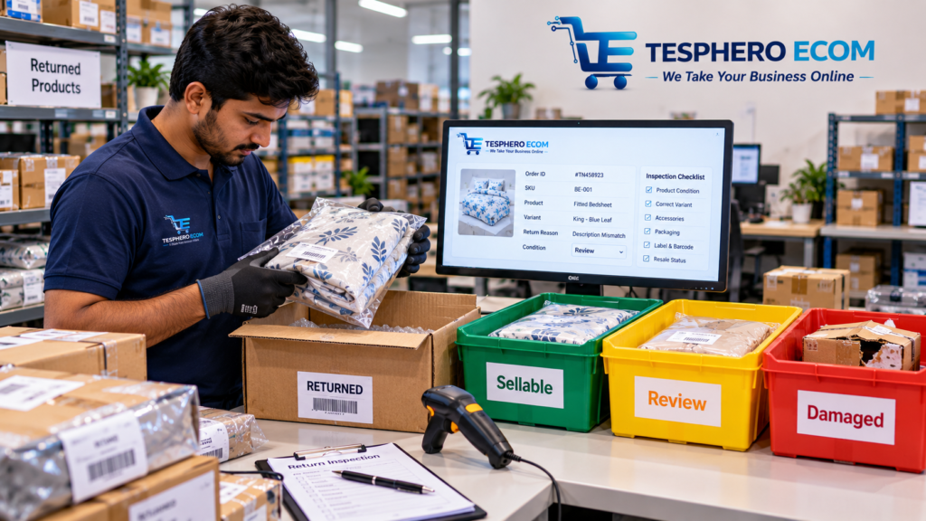 Tesphero Ecom employee inspecting a returned product and sorting it as sellable, review or damaged during the returns management process