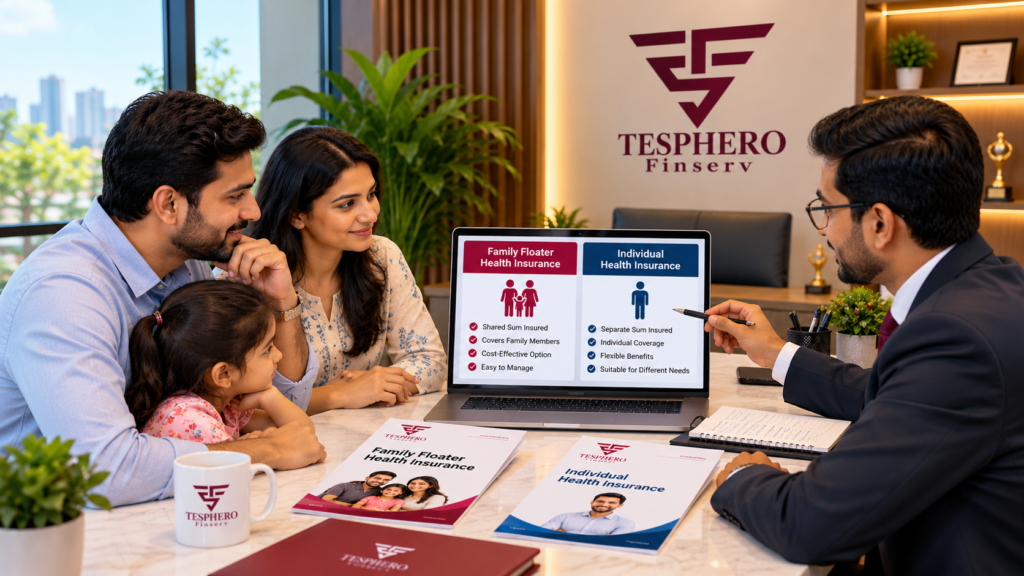Tesphero Finserv advisor explaining family floater insurance and individual health insurance to an Indian family
