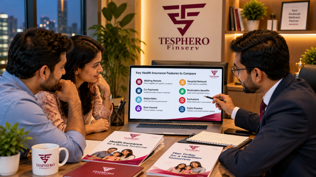 Tesphero Finserv advisor reviewing family health insurance benefits, premiums and policy conditions