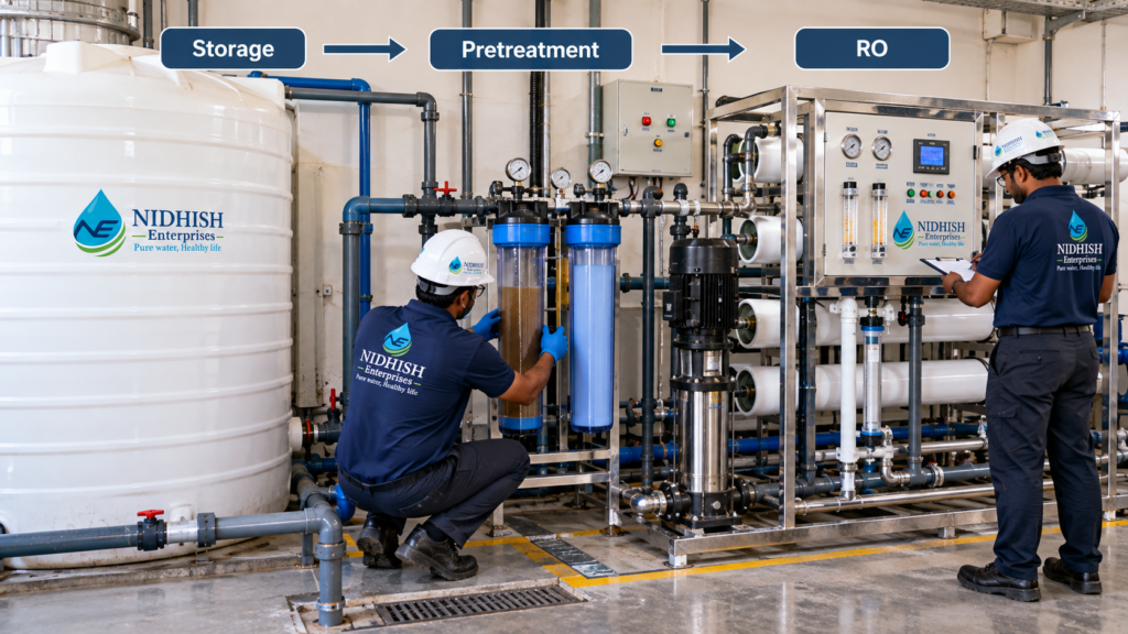 Nidhish Enterprises technicians checking the water treatment process from storage and pretreatment to a commercial RO system