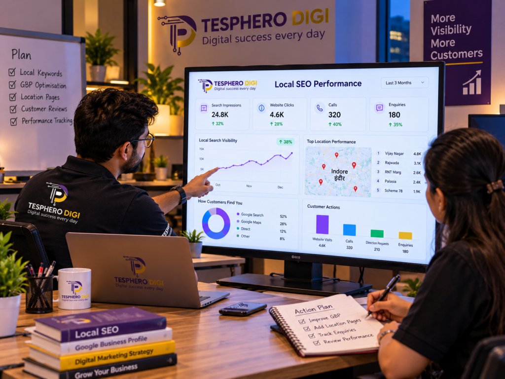 Tesphero Digi team analysing local search visibility, website clicks, calls and customer enquiries