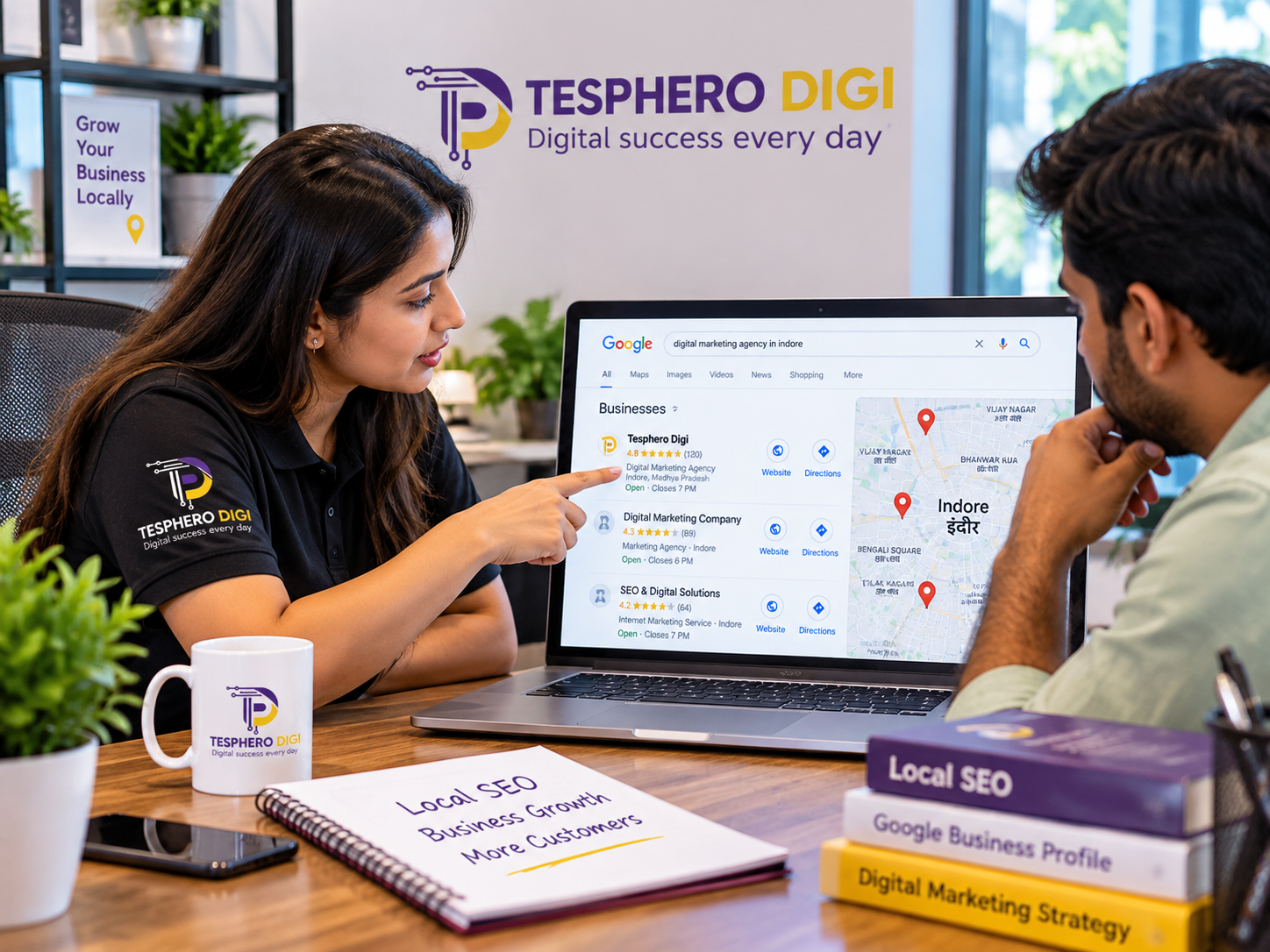 Tesphero Digi strategist explaining local SEO for small businesses using Google search results, business listings and map visibility in Indore