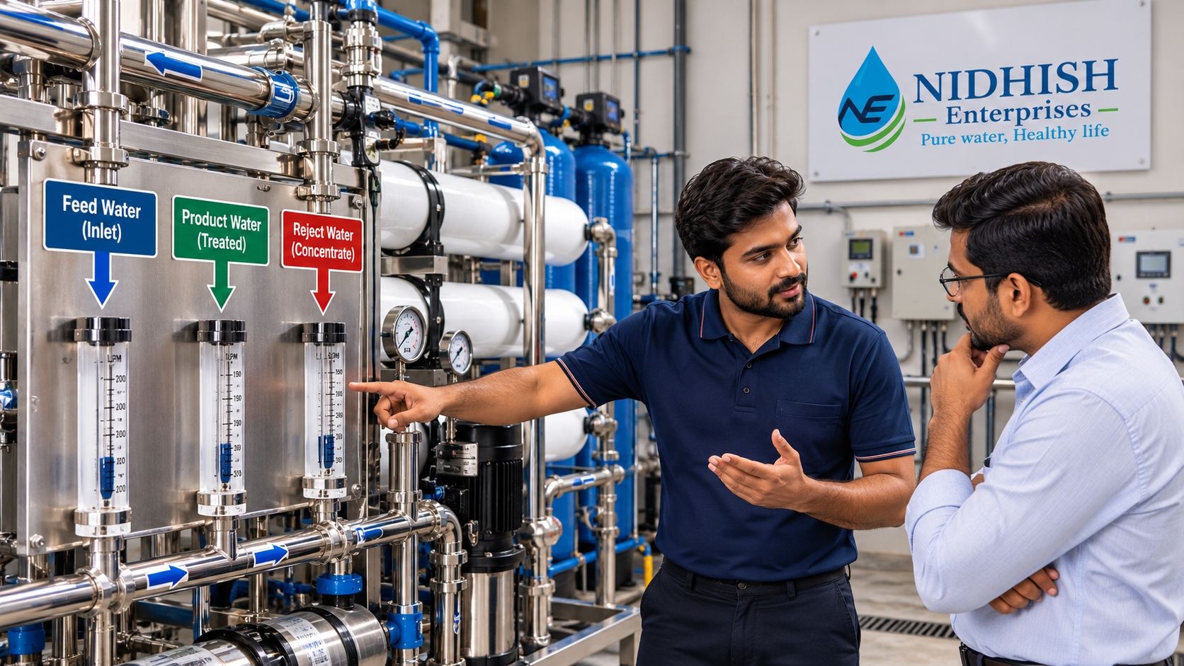 Commercial RO technician explaining reject water flow and recovery rate at a water treatment plant