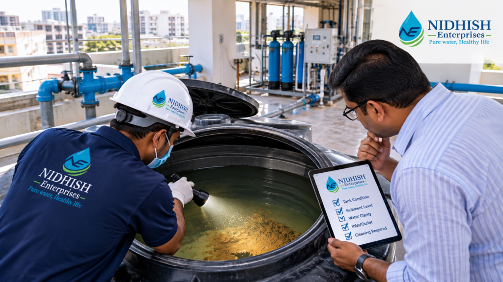 Nidhish Enterprises technician inspecting a commercial water storage tank for sediment, water clarity and cleaning requirements