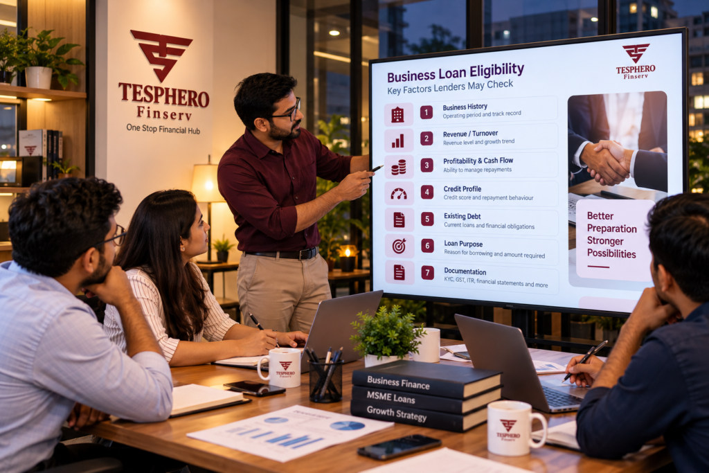 Tesphero Finserv advisor explaining Business Loan Eligibility factors including business history, turnover, cash flow, credit profile, existing debt and documentation