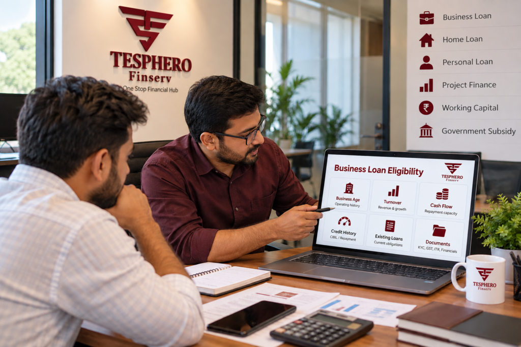 Tesphero Finserv advisor explaining Business Loan Eligibility factors including turnover, cash flow, credit history, existing loans and documents