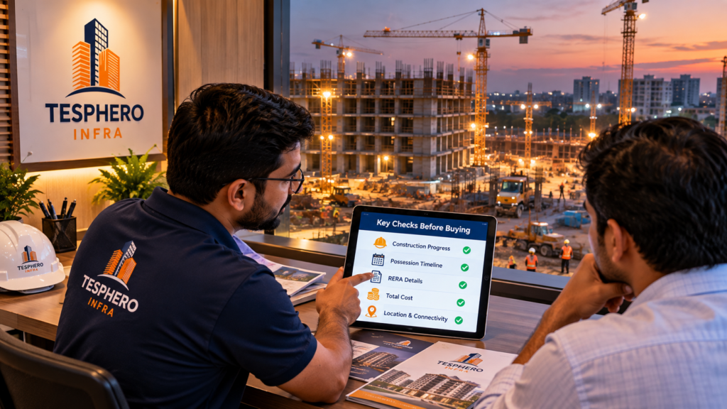 Tesphero Infra representative reviewing construction progress, possession timeline, RERA details, total cost and location with a property buyer