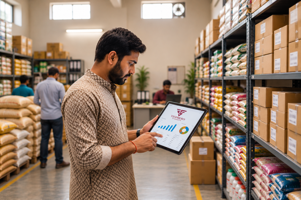 Small business warehouse manager reviewing inventory and supplier payments to manage working capital