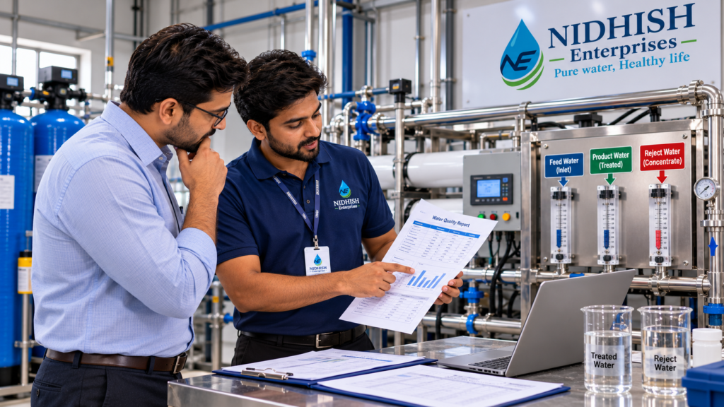 Nidhish Enterprises technician reviewing commercial RO recovery and water quality test results